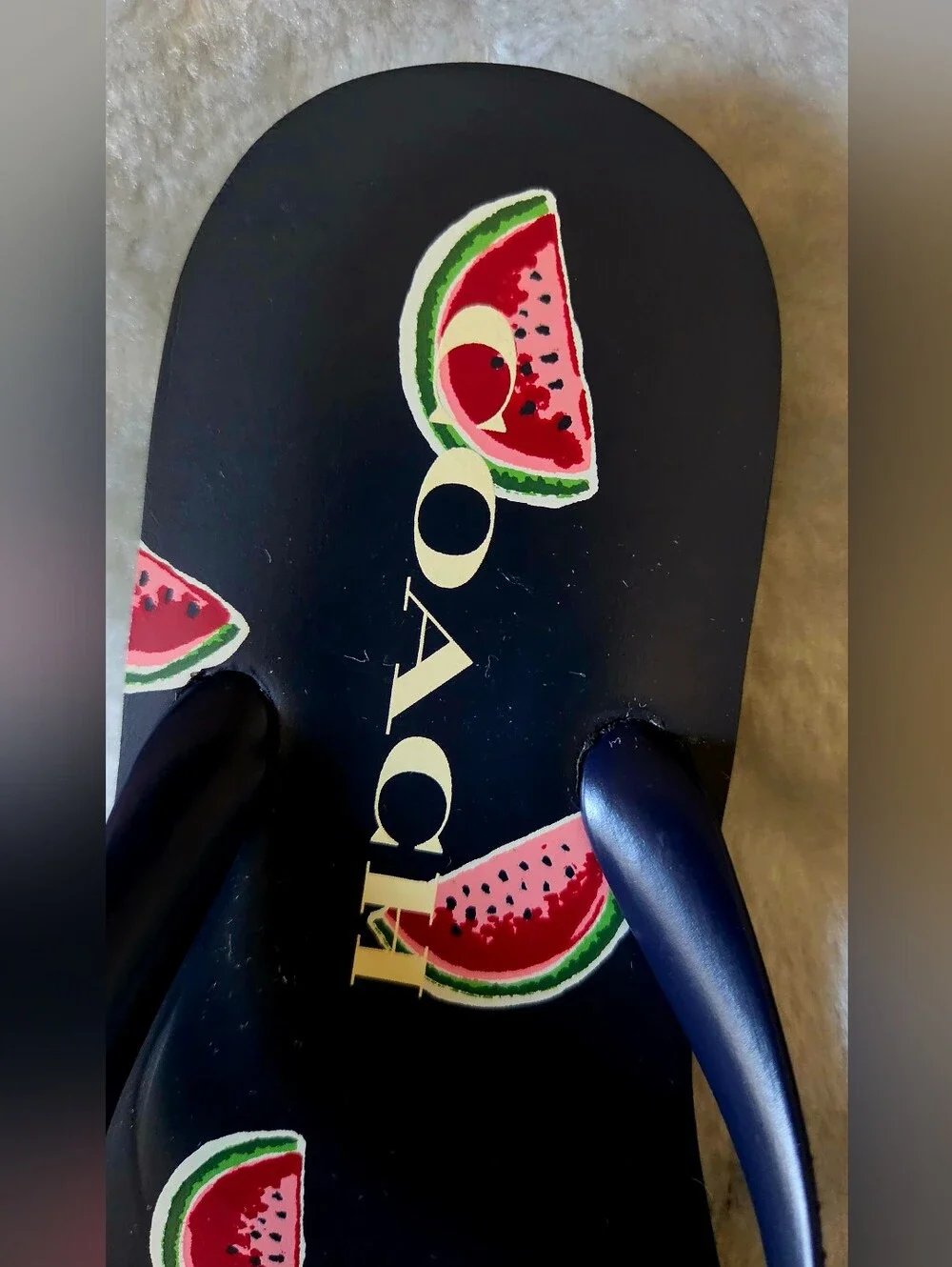 COACH Black Flip Flops with Watermelon Print